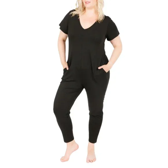 Smash + Tess Sunday Romper Short Sleeve V-Neck Ankle Midnight Black Small - Picture 11 of 11